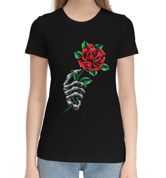 Женская Хлопковая футболка Роза в руке скелета
