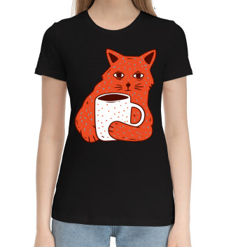 Женская Хлопковая футболка Кот и кофе