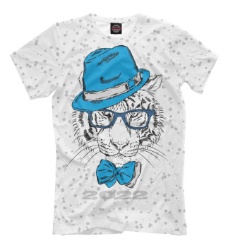 Мужская Футболка Белый тигр в синей шляпе