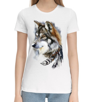 Женская Хлопковая футболка Волк с пером