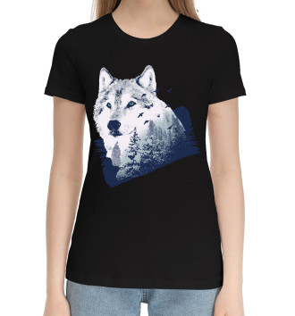 Женская Хлопковая футболка Волк в лесу
