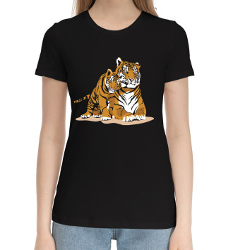 Женская Хлопковая футболка Тигрица с игривым тигрёнком