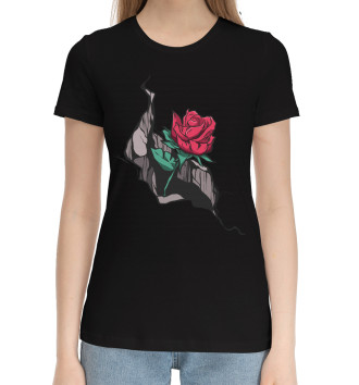 Женская Хлопковая футболка Трещина с розой