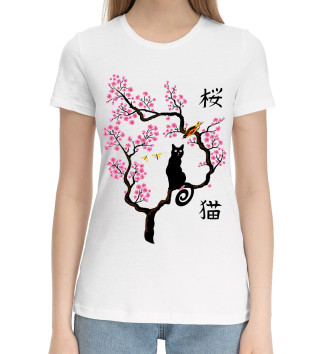 Женская Хлопковая футболка Кошка и птица на сакуре